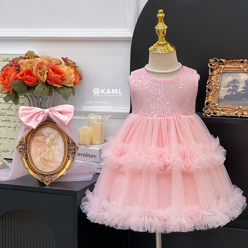 Girls' sequin mesh dress - new summer  style: chic tank dress, tiered cake dress, perfect birthday outfit for your daughter