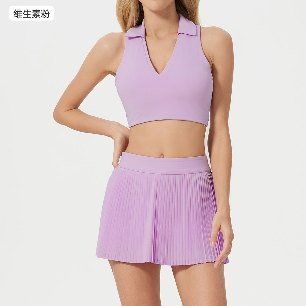 Polo collar sports bra women's quick-dry breathable fitness tennis pleated skirt professional training yoga outfit set