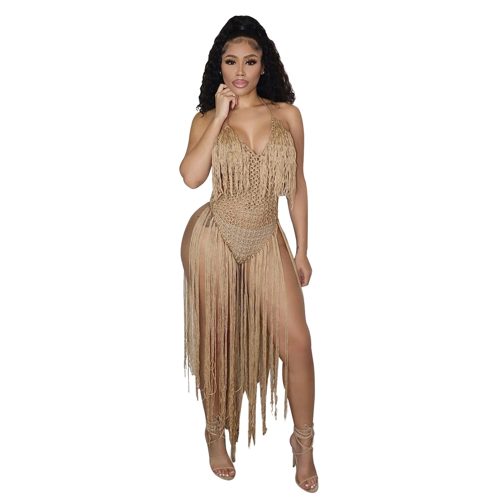 Sexy european and american style women's beach dress - hand-crocheted one-piece with tassel skirt -  approved