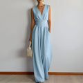summer new women's clothing - cross-border  us & europe - fashionable casual solid color cinched waist sleeveless jumpsuit