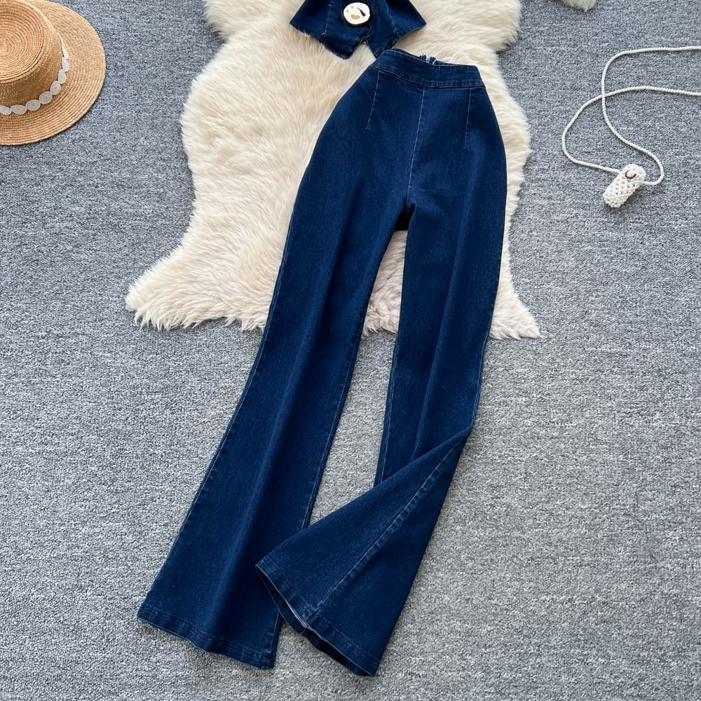 Fashion hot girl denim suit women's metal buckle suspender tube top vest + high waist tight slimming look micro-flared pants