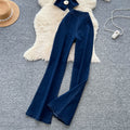 Fashion hot girl denim suit women's metal buckle suspender tube top vest + high waist tight slimming look micro-flared pants