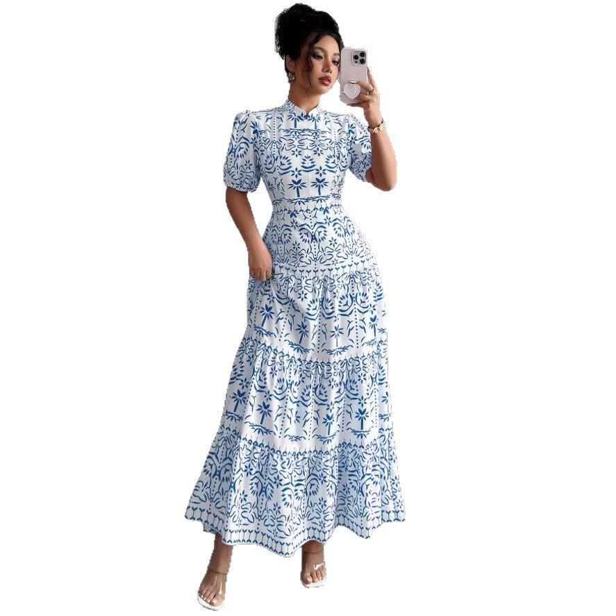 new fashion printed bubble sleeve european and american style women's dress for cross-border e-commerce