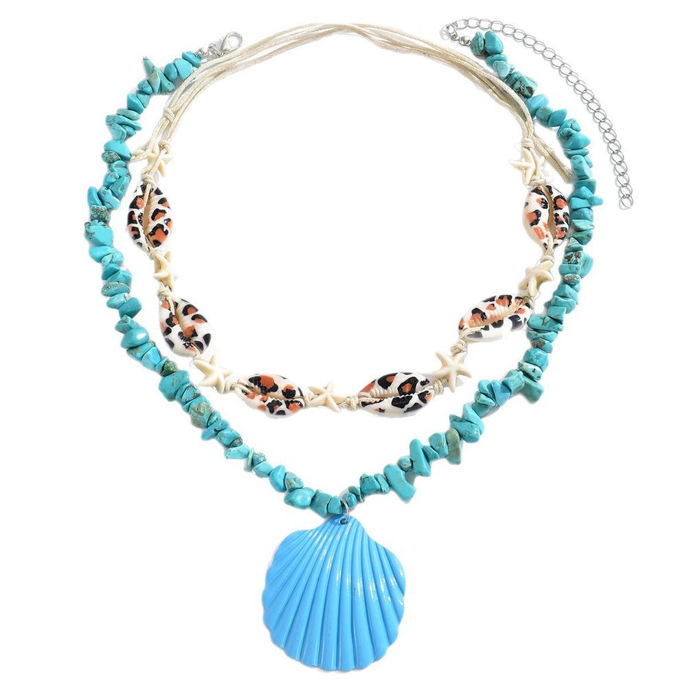 European and american cross-border fresh and sweet blue shell pendant necklace casual vacation summer shell layered clavicle chain for women