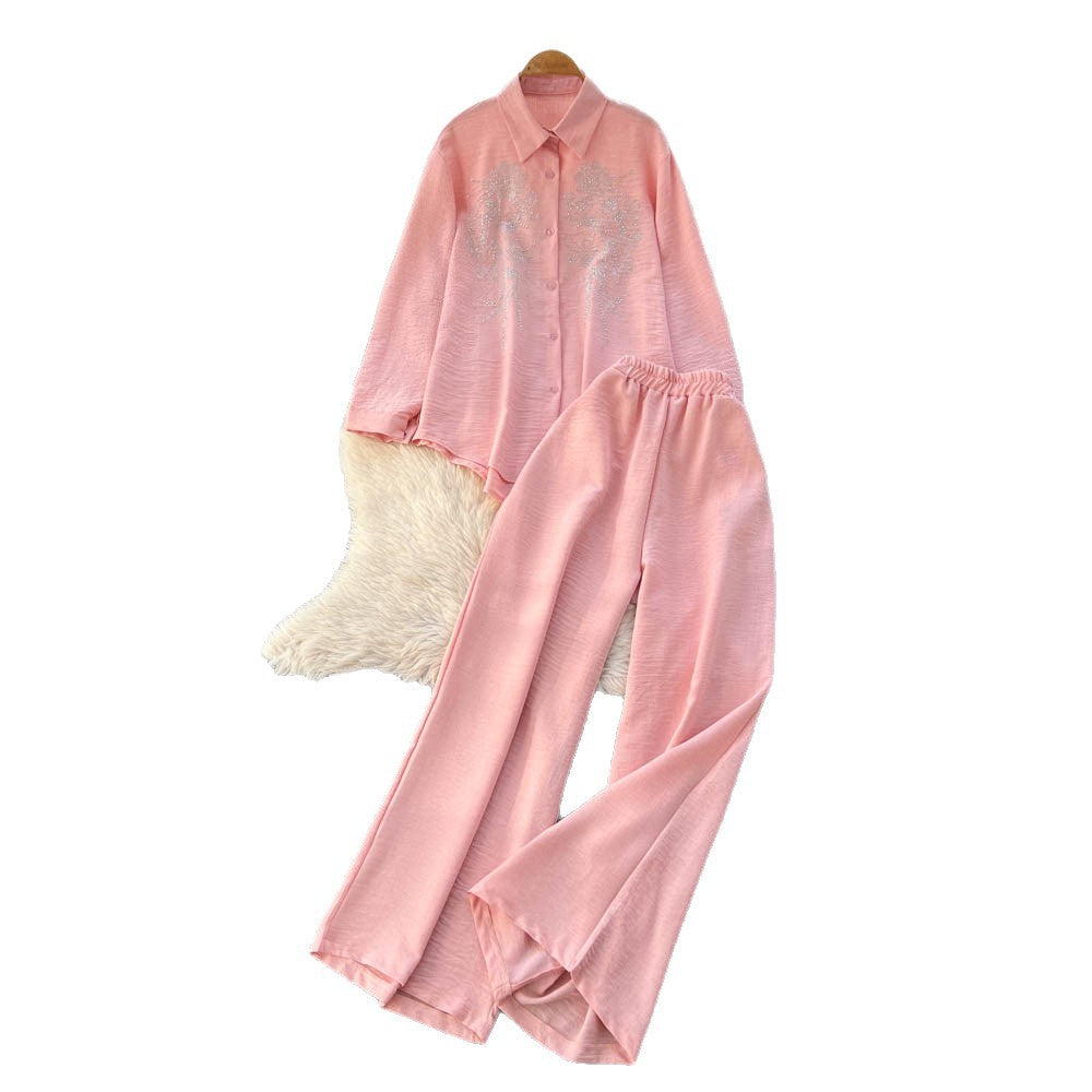 Autumn casual outfit set for women: loose-fit fashion rhinestone long-sleeve single-breasted shirt and high-waisted wide-leg pants set