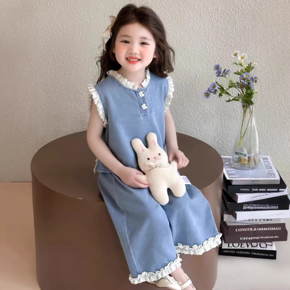 【dropshipping】girls' summer denim outfit  new style kids' tank top wide leg pants fashionable two-piece set baby