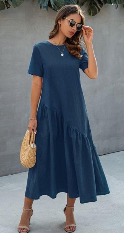 Amazon   new arrivals: european and american style solid color crew neck short sleeve loose pleated dress - ready to ship
