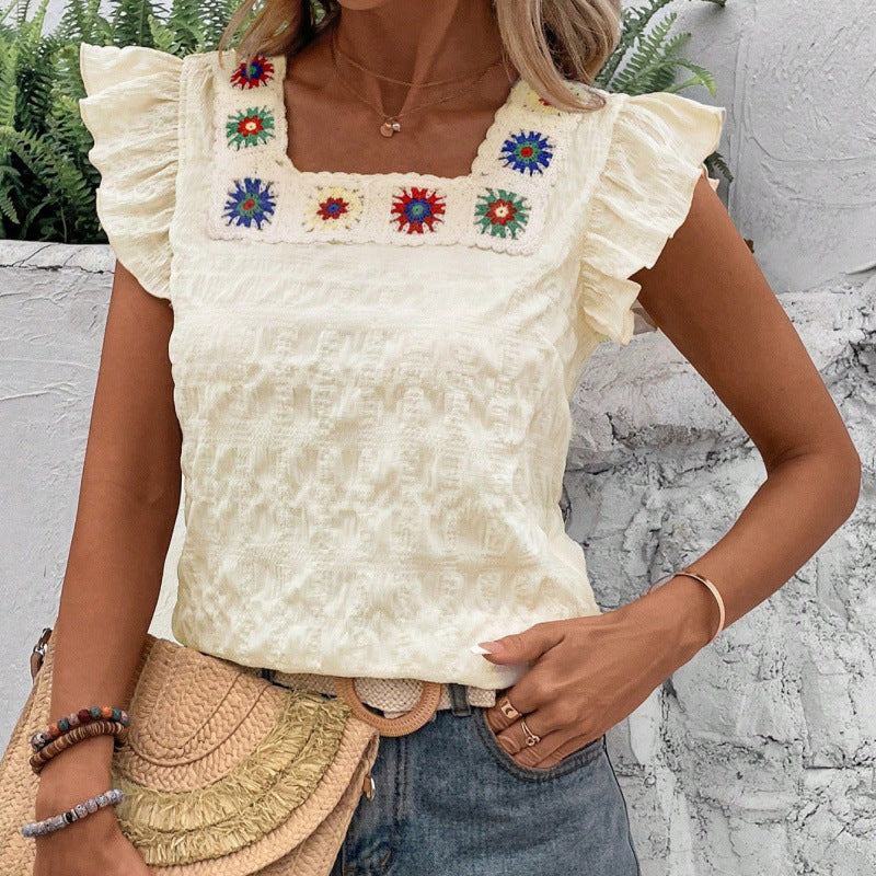 Ready-to-ship, export-quality, 1688 square-neck, crochet-trimmed, flutter-sleeve, solid-color women's top