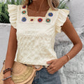 Ready-to-ship, export-quality, 1688 square-neck, crochet-trimmed, flutter-sleeve, solid-color women's top