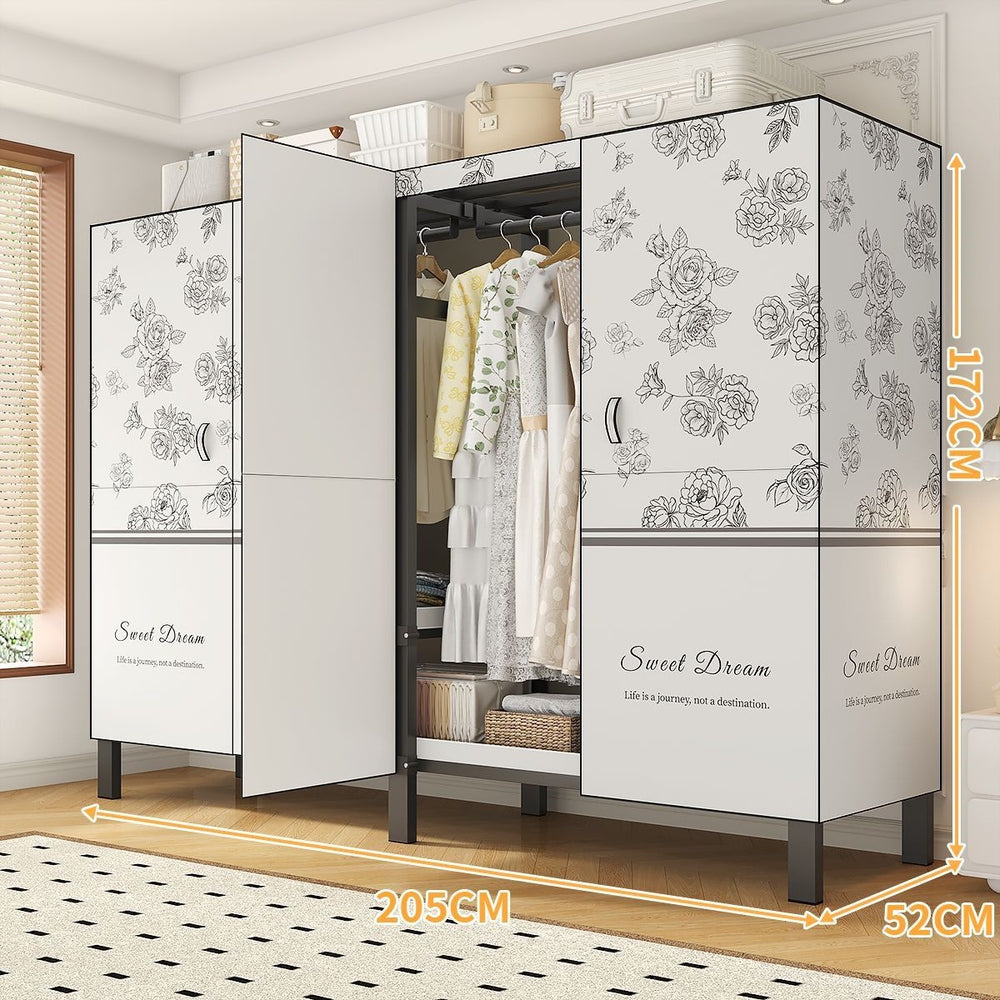 Easy-to-assemble, foldable wardrobe for bedrooms, ideal for home use or rental properties. dustproof, moisture-proof, with reinforced construction, fully sealed, and mildew-resistant. features a convenient swing-out door