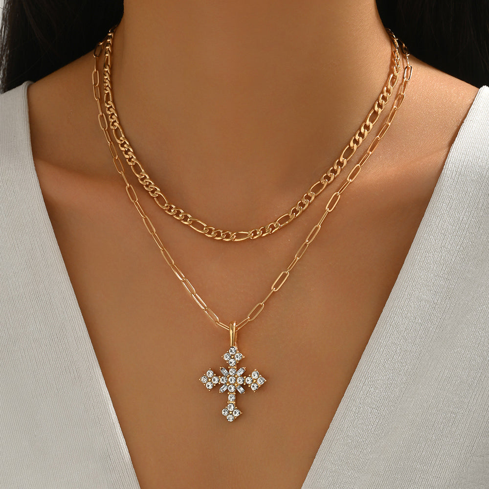 Wholesale necklace accessories: cross pendant with full diamond setting, versatile layering sweater necklace for women - cross-border luxury style