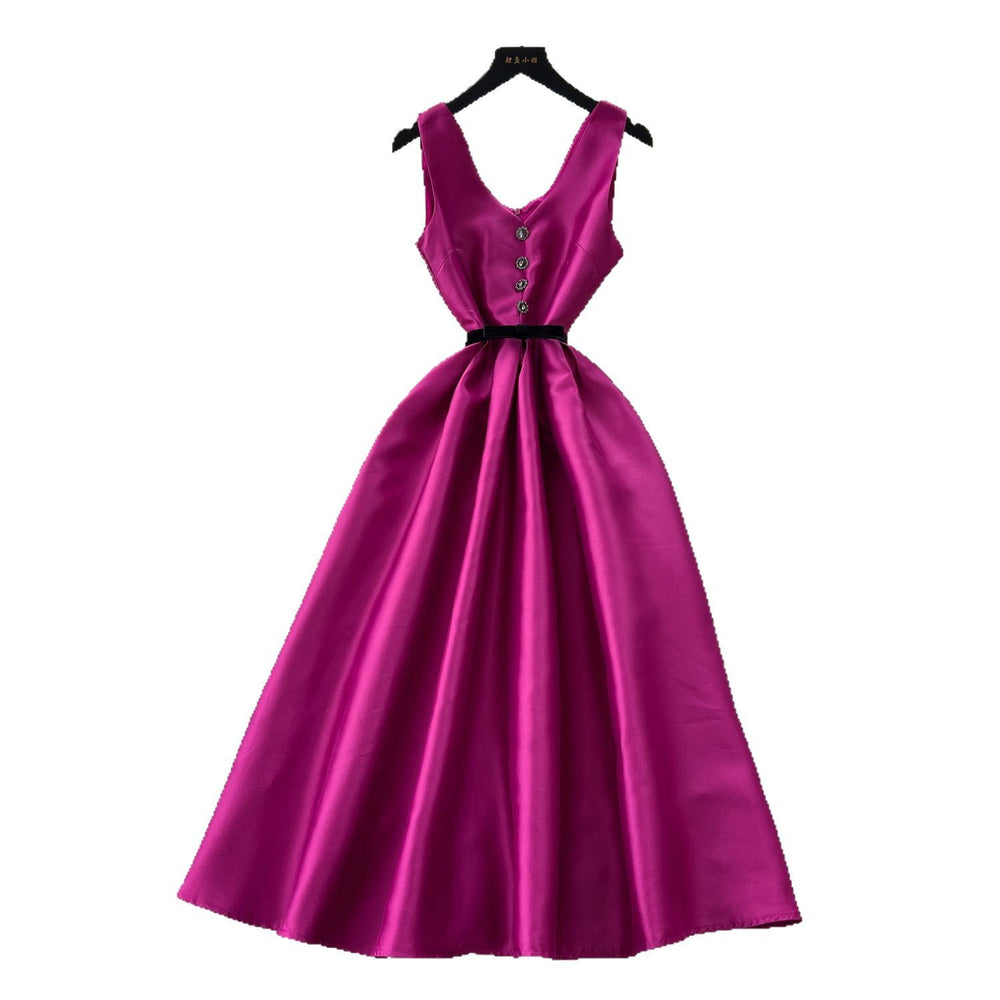 High-end women's summer evening gown: elegant v-neck slip dress with cinched waist, satin feel, slimming and figure-flattering maxi dress