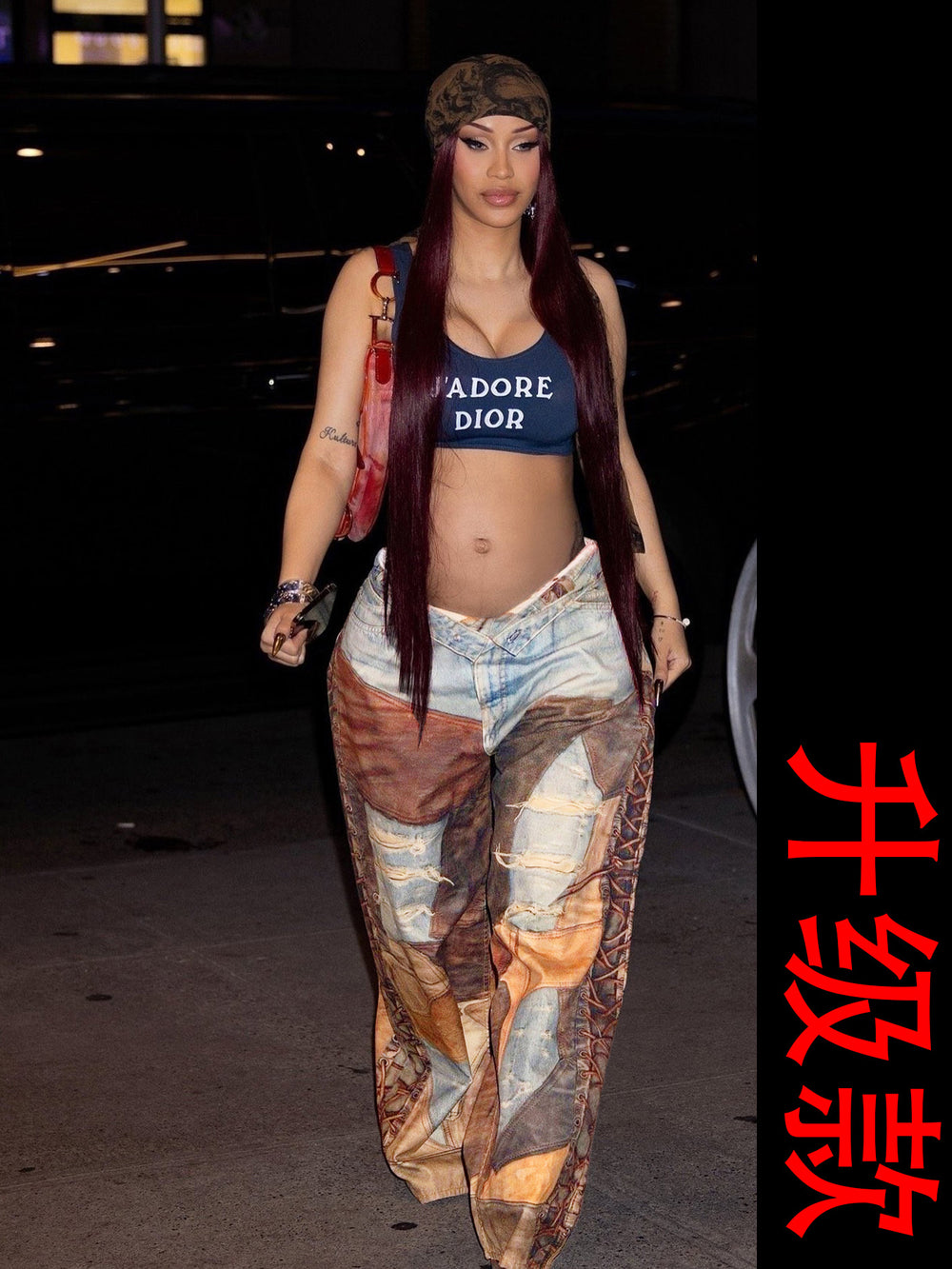 new cross-border dirty denim leather 3d print wide-leg scimitar pants dopamine casual women's trousers