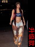new cross-border dirty denim leather 3d print wide-leg scimitar pants dopamine casual women's trousers