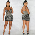 C5895   fashion nightclub hot diamond sexy suspender mesh see-through wrapped chest midi dress