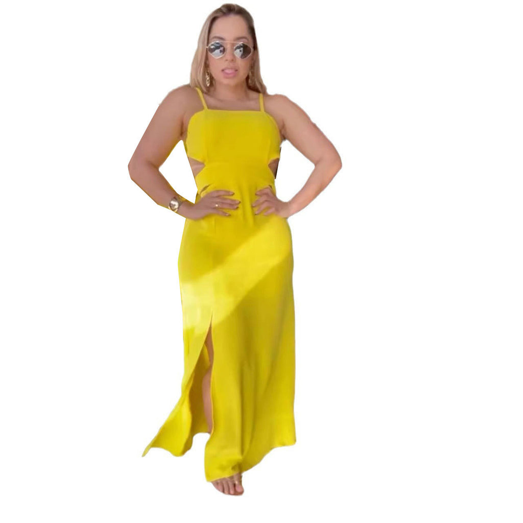 S10790 European and American, solid color suspender split hip strap backless dress