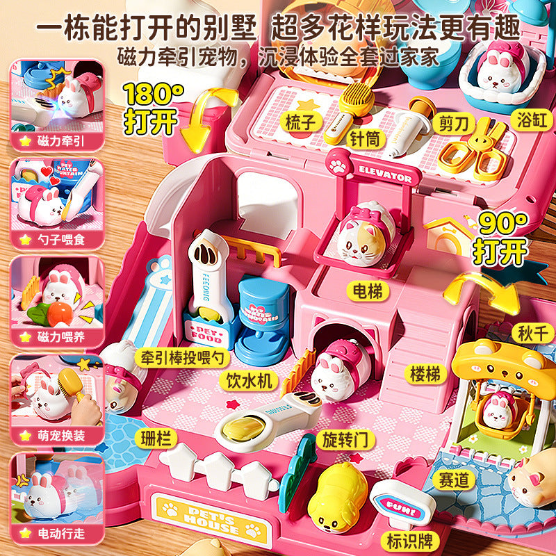 3-6 year old girls' toys, pretend play magnetic pet house, little rabbit & cat dolls, birthday gift for girls