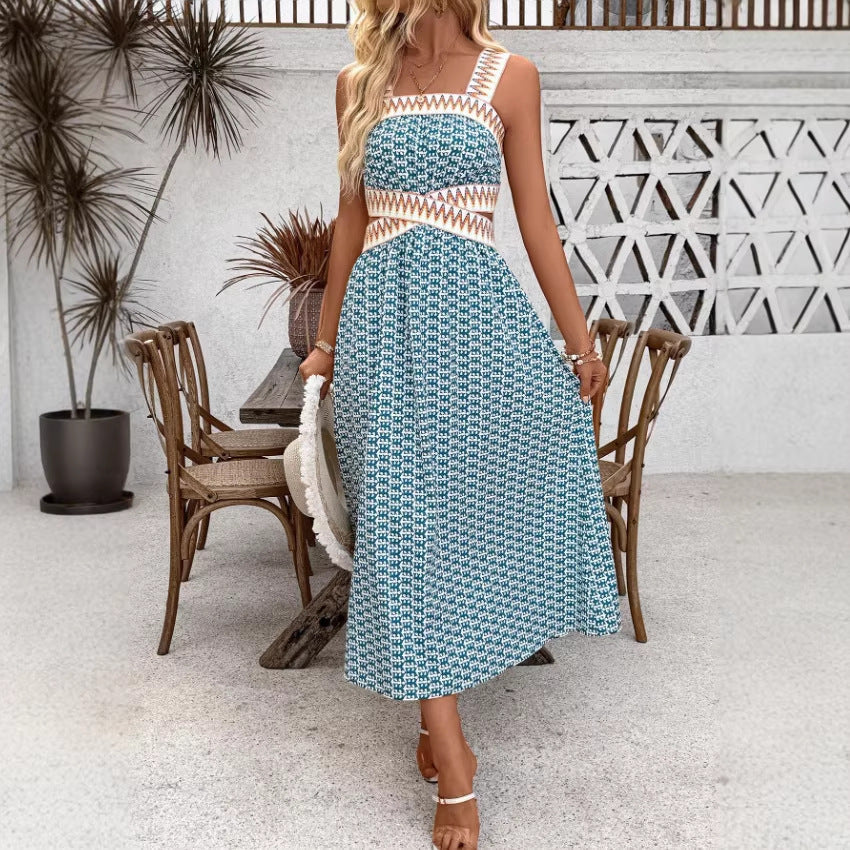 summer new arrival: strapless backless camisole dress, vintage print maxi dress, cross-border e-commerce  style for women