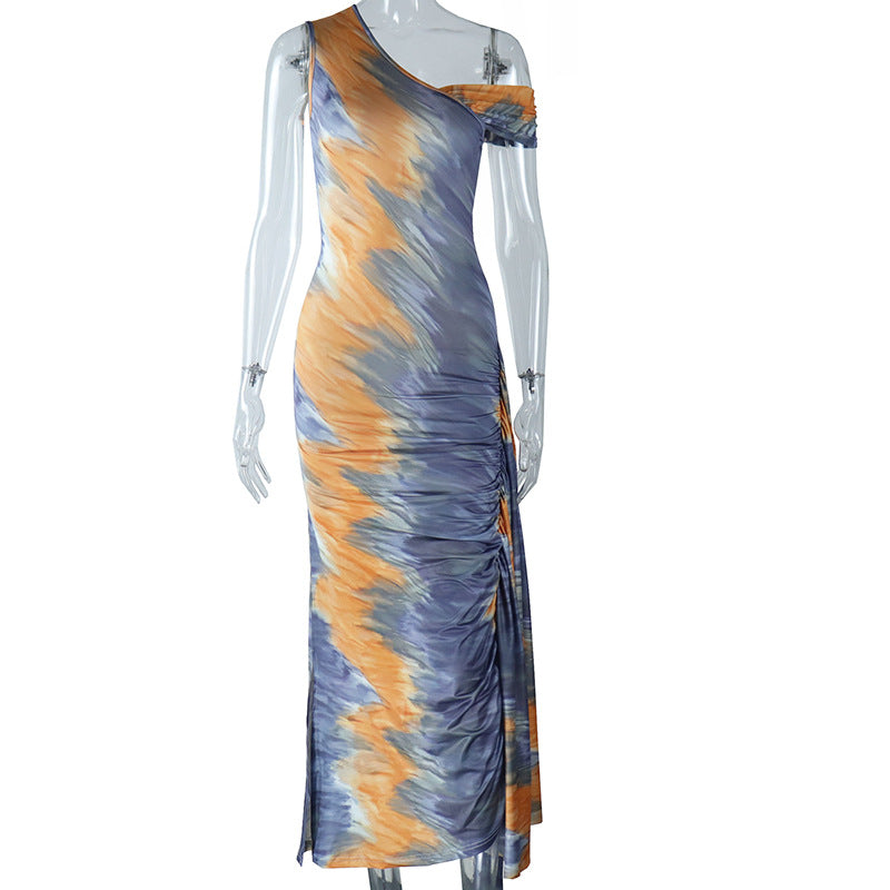 European and American style diagonal collar tight dress medium and long hip skirt printed pullover skirt female manufacturer hair Dress