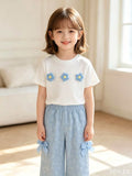 Kids clothing  cross-border new arrivalfashion spring & fallgirlwhite short-sleeved t-shirt + blue pants