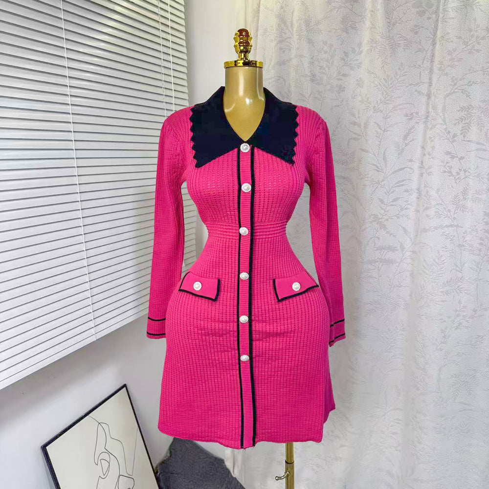 Autumn/winter chic: elegant color block knit dress with pearl button detail - slim fit, figure-flattering knit mini dress