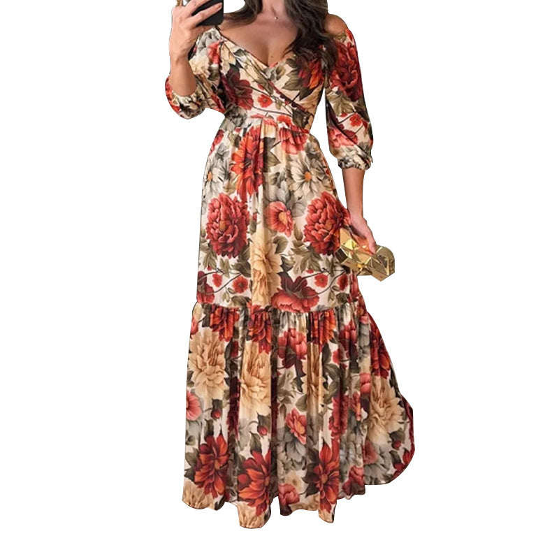 cross-border e-commerce women's fashion: european and american summer new arrivals - stylish and elegant printed v-neck maxi swing dress