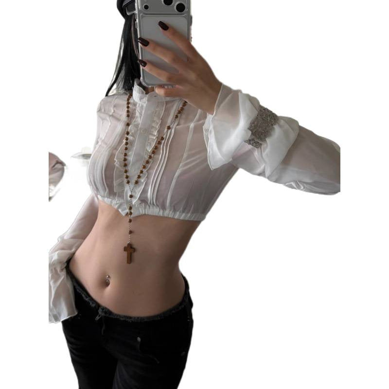 European and american women's clothing  summer new french sweet temperament ruffle trim cropped lantern sleeve blouse top