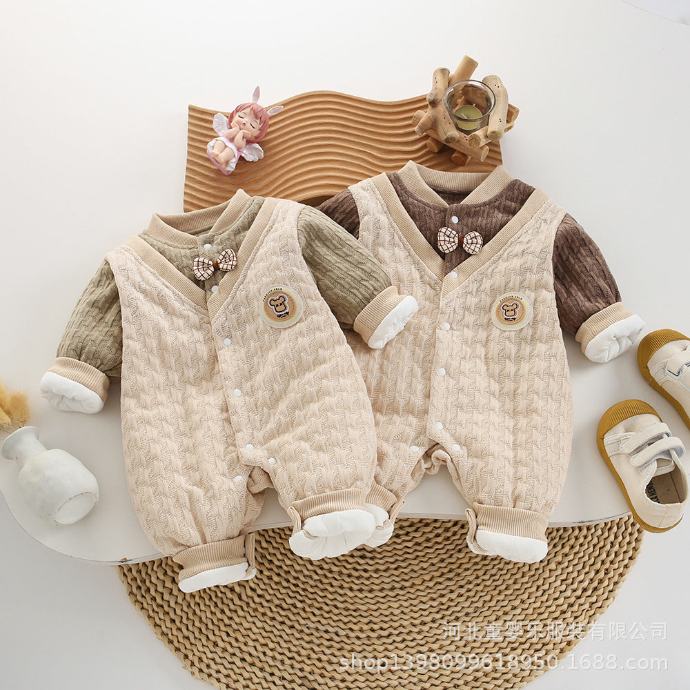 Newborn baby autumn/winter romper, full month baby lightweight cotton outfit, gentleman style korean fake two-piece lightweight cotton for baby boys