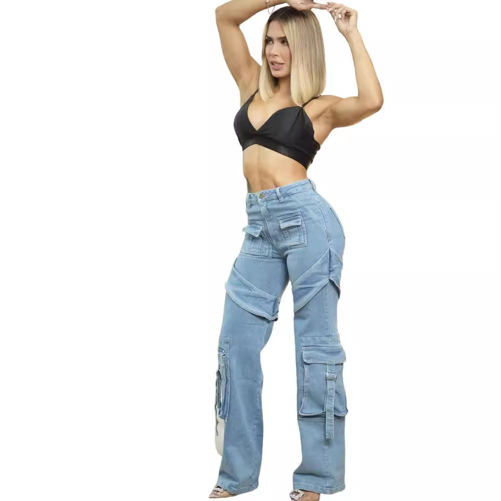 European and american style denim jeans -  cross-border women's fashion streetwear multi-pocket casual cargo pants