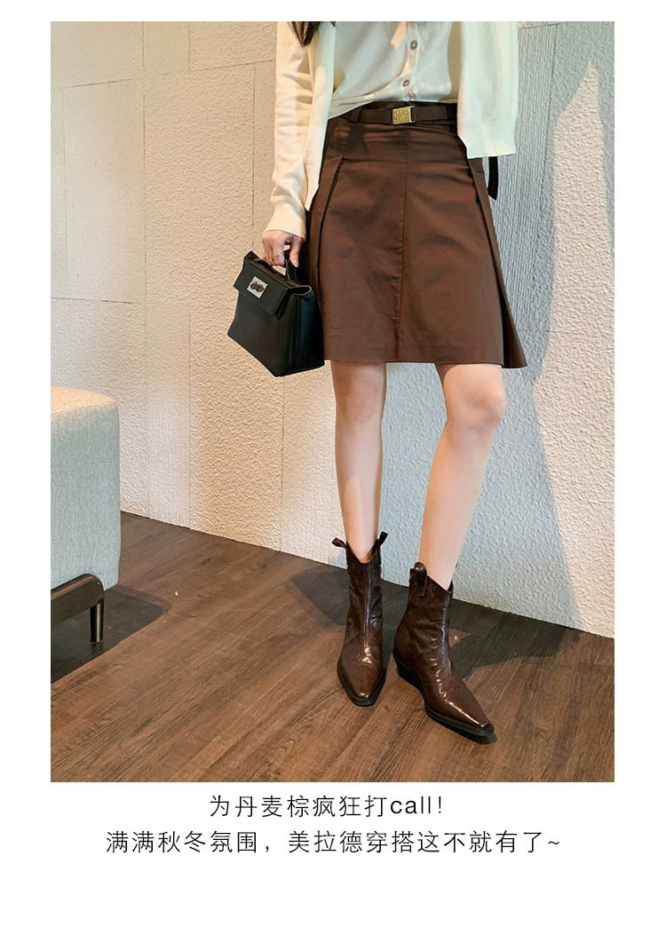 Pointed toe western boots women's high heel chelsea french retro skinny boots chunky heel ruched ankle boots height increasing
