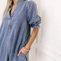 European and american style women's drawstring bubble short sleeve blue denim dress with turn-down collar - washed, non-stretch