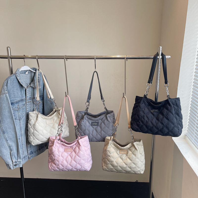 Simple casual tote bag women's spring and summer new large-capacity rhombus embroidered thread cotton bag class commuting versatile shoulder bag