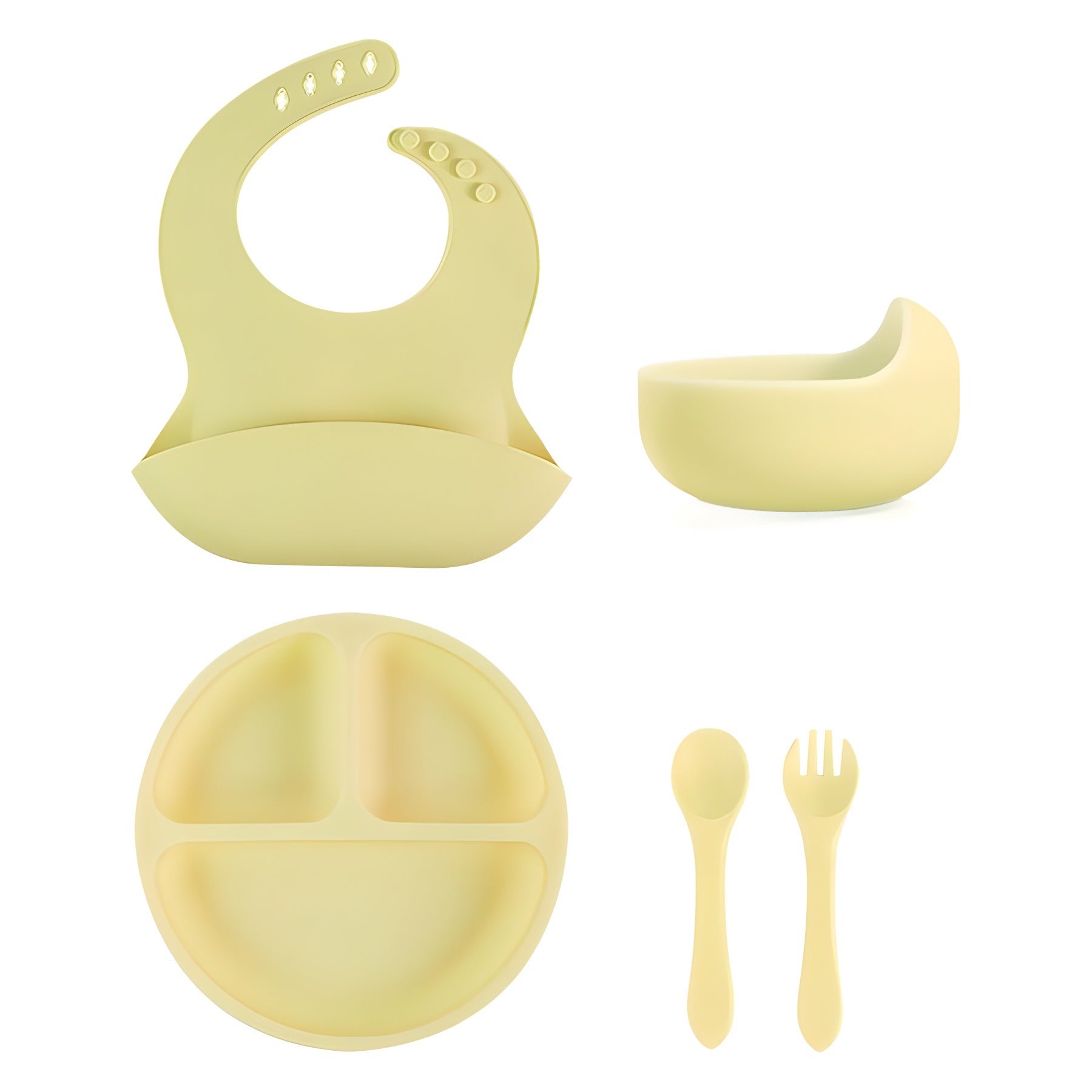 Customized silicone plate set, bib, fork and spoon, baby food supplement bowl 5-piece set, anti-drop suction cup, child feeding tableware