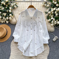 K-stylework clothing style lapel casual beaded shirt women's easiest for matchlong sleeveslooseslimming lookeasiest for matchsense of designtops