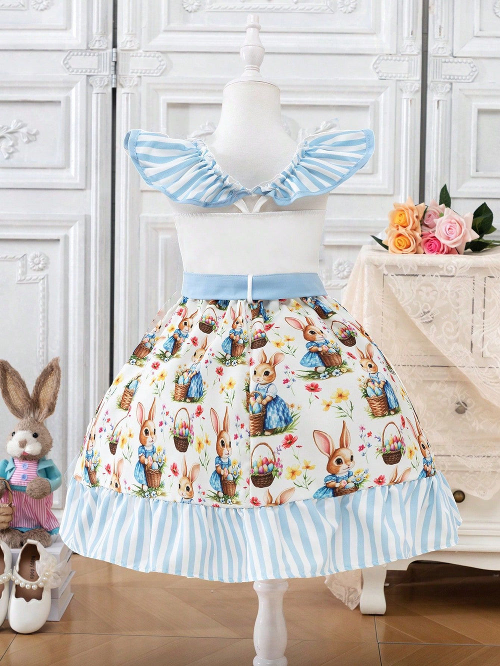 hot-selling girls' woven ruffle sleeve printed bow princess dress - cross-border exclusive for export
