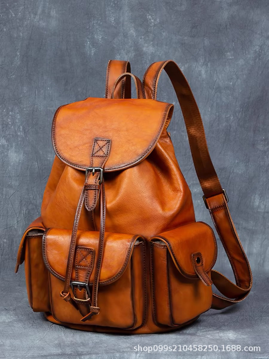 Hs original hand-burnished genuine leather backpack - vintage top grain vegetable-tanned cowhide rucksack for men and women - travel & laptop backpack