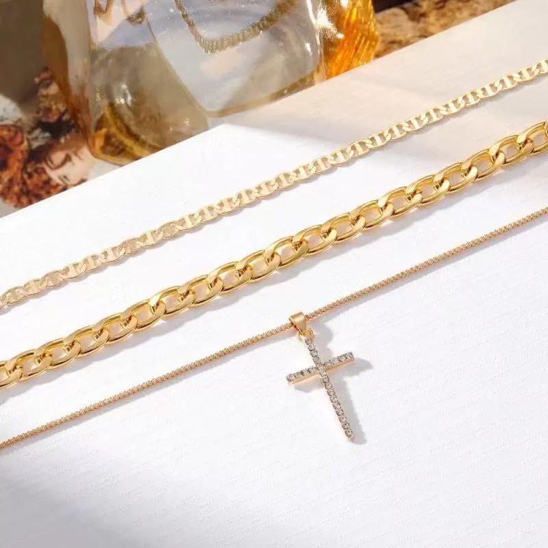 Fashion cross-border hot-selling multi-layered necklace stylish full diamond multi-layered cross pendant necklace clavicle chain