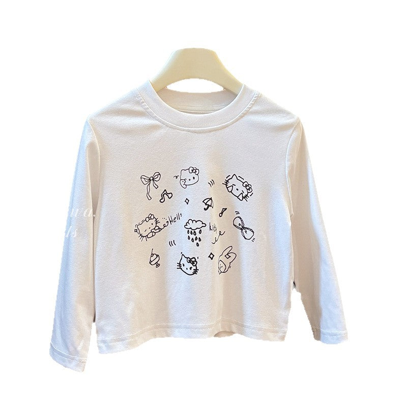 New arrivalkidsspring & fallcute lazy cartoon kitten long sleeves bottom sweatshirt baby girl casuallong sleeves t-shirt children's clothing