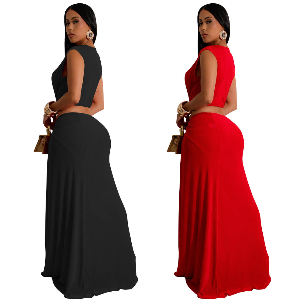 C7062 cross-border   independent station fashionable women's sleeveless deep v slit dress new style