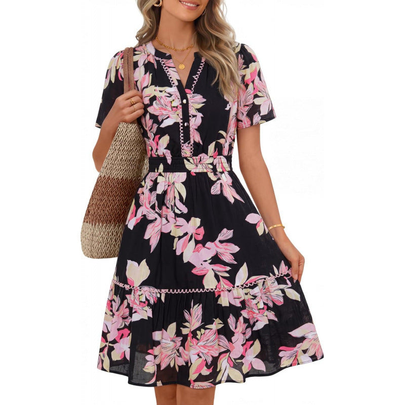 Amazon fashion short-sleeved a-line floral dress for women summernew arrivalbohemiav neck skirt