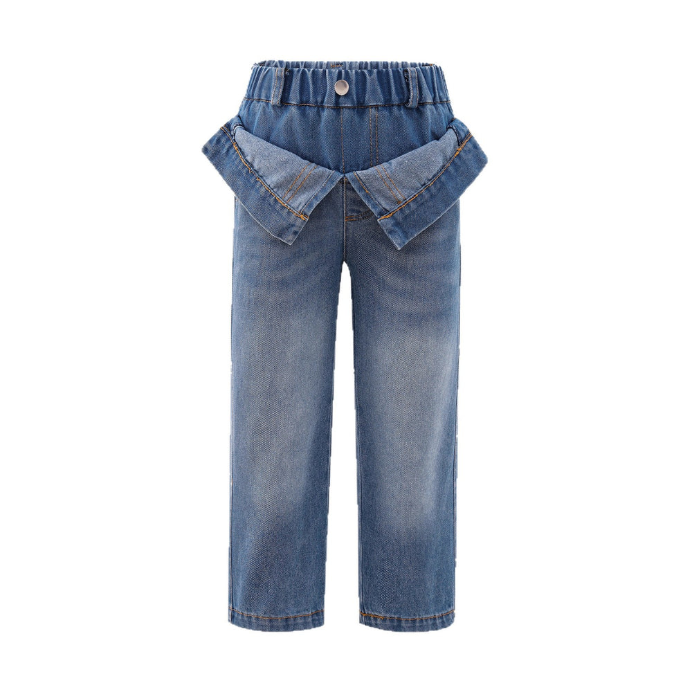 new arrivalgirljeansfake two-piece foldable waist design distressed washed blue kidsstraight-leg pants