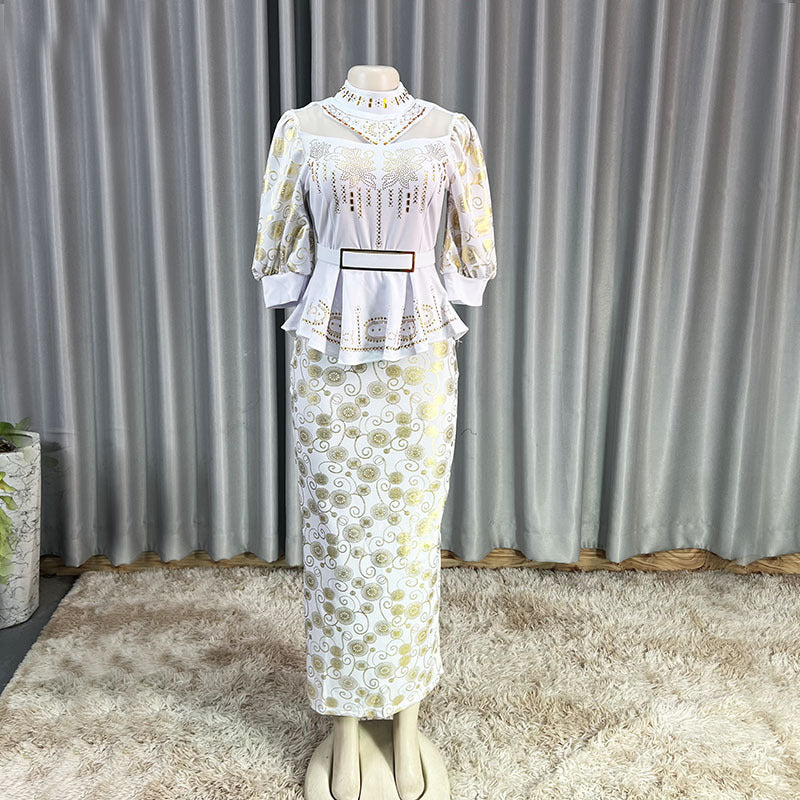 Plus size fashion solid color women's new african hot stamping rhinestone print set cross-border cinched waist dress