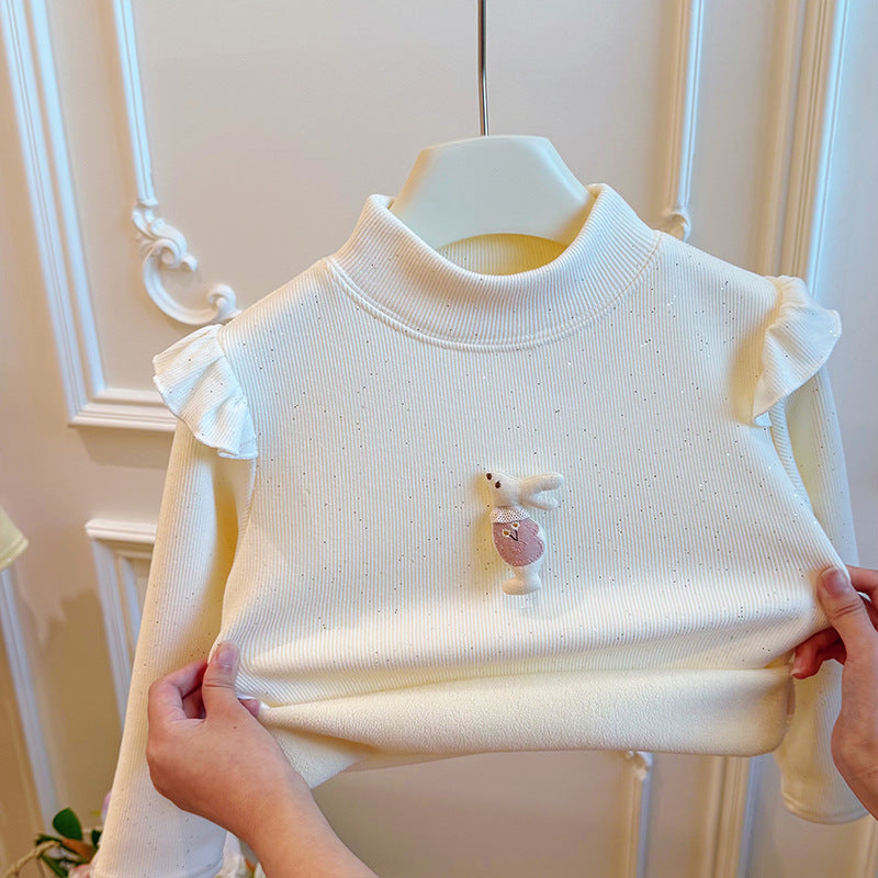 New autumn/winter korean style girls' fleece-lined thickened sweatshirt base layer long sleeve baby girl trendy kids' cotton clothing