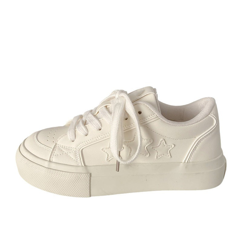 Creamy white chunky sole white sneakers - women's star edition, autumn 2026 new arrival. chic, niche, versatile leather upper, student style athletic skate shoes