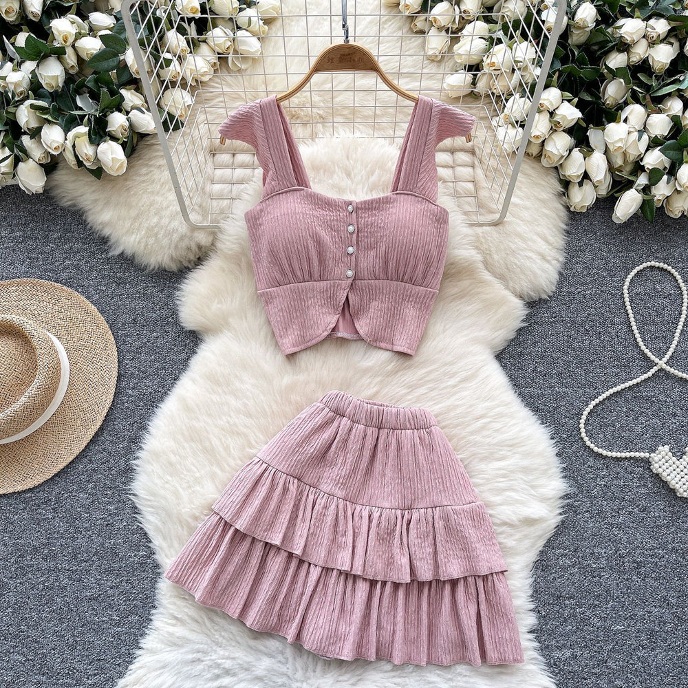 Summer outfit set for petite women: gentle style square neck cami top with flutter sleeves and ruffle mini skirt