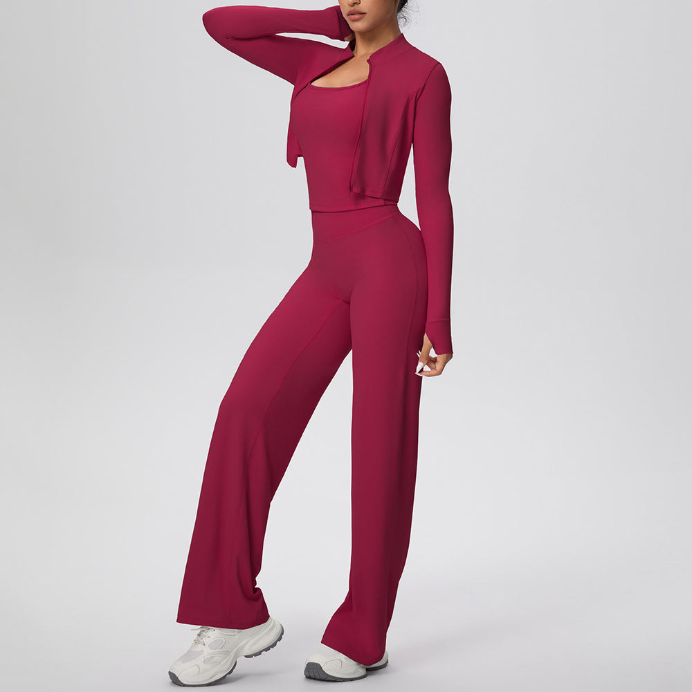 pure color brushed tight tank top wide-leg long three-piece set sports running fitness yoga suit
