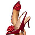 Women's wine red stiletto heel sandals - fashionable pointed toe party shoes with red rose detail