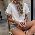 new european and american style satin lace trim v-neck solid color loose-fit top - elegant commute short-sleeve blouse