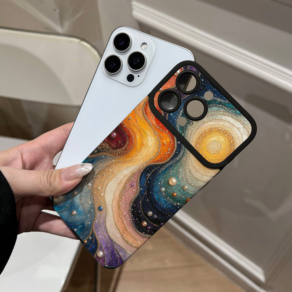 Niche art pearl mobile phone case suitable for iphone16/15 anti-fall apple 17promax colorful oil painting