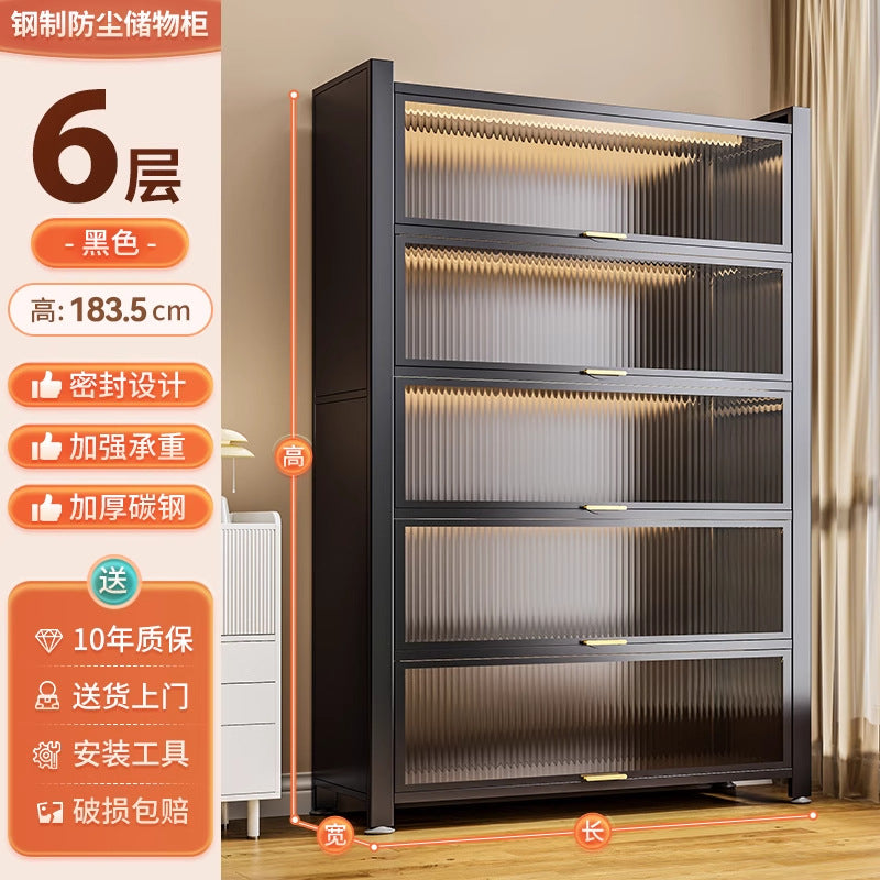 Multifunctional kitchen storage rack with cabinet doors, floor-standing, multi-tier, dustproof storage cabinet for microwave, pots, pans, and bowls